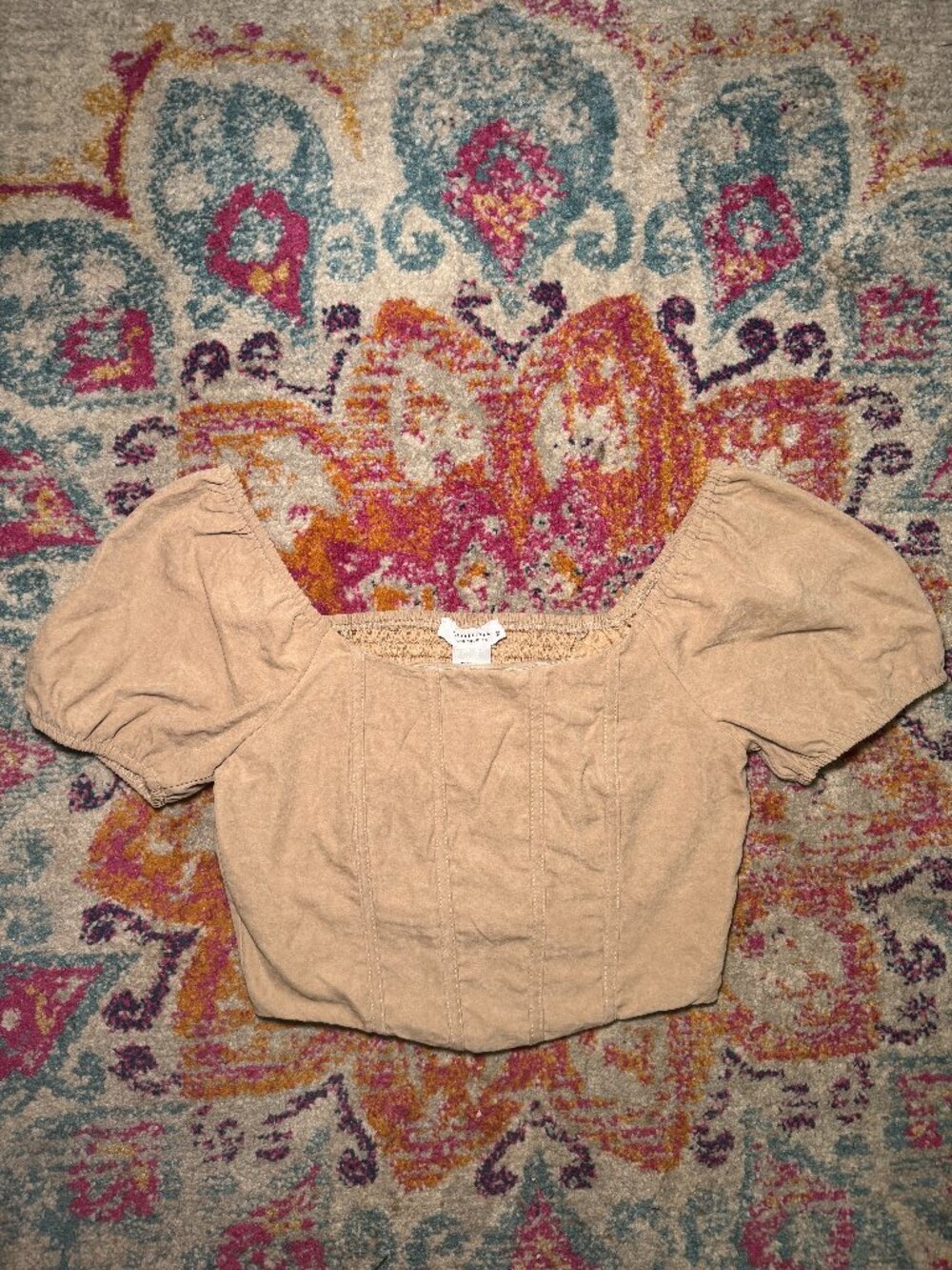 Kurious Los Angeles Tan Puff Sleeve Corset Crop Top Square Neck Milkmaid Blouse
